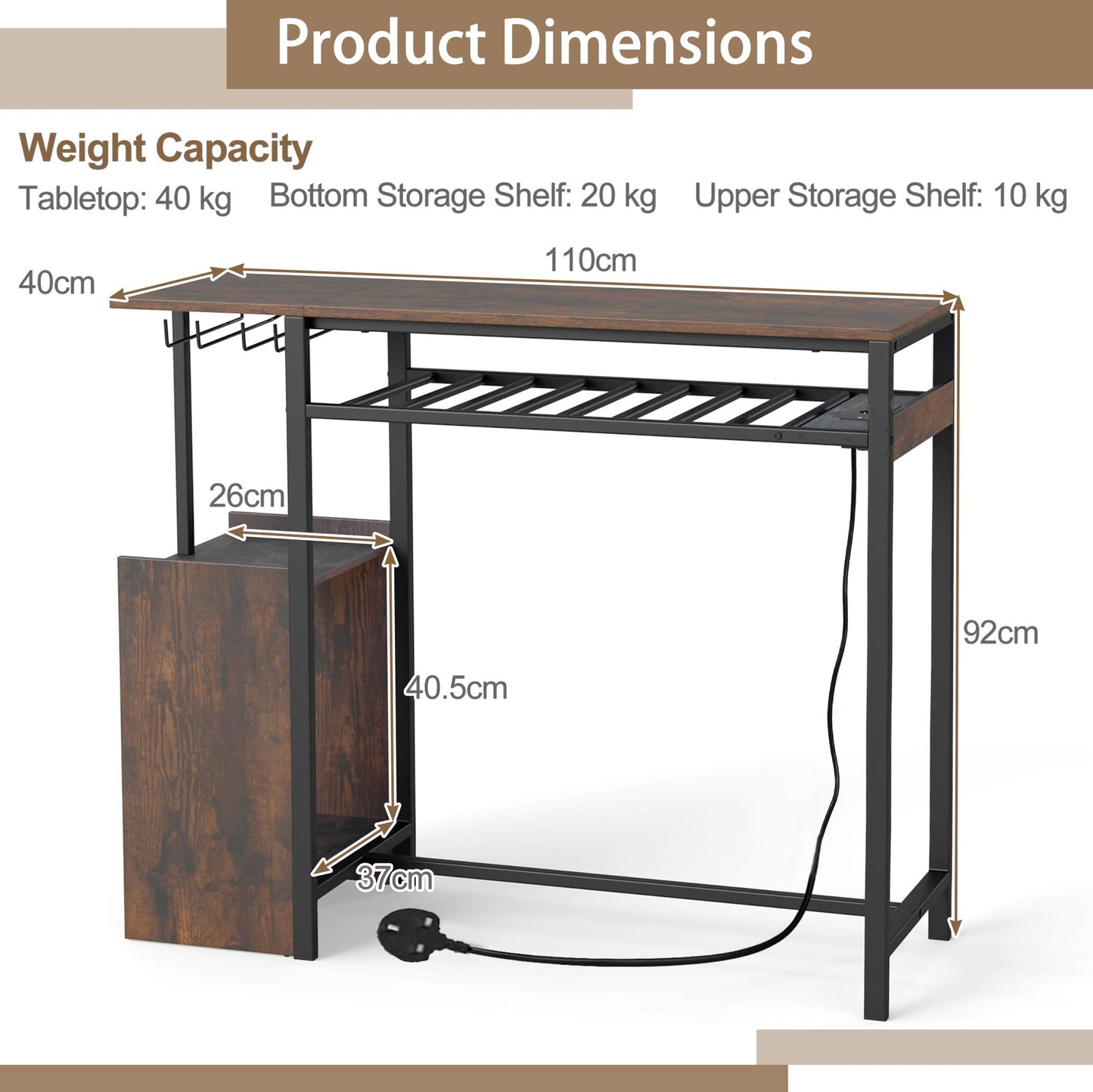 Rectangular Bar Table with RGB Light and 8-Bottle Wine Rack