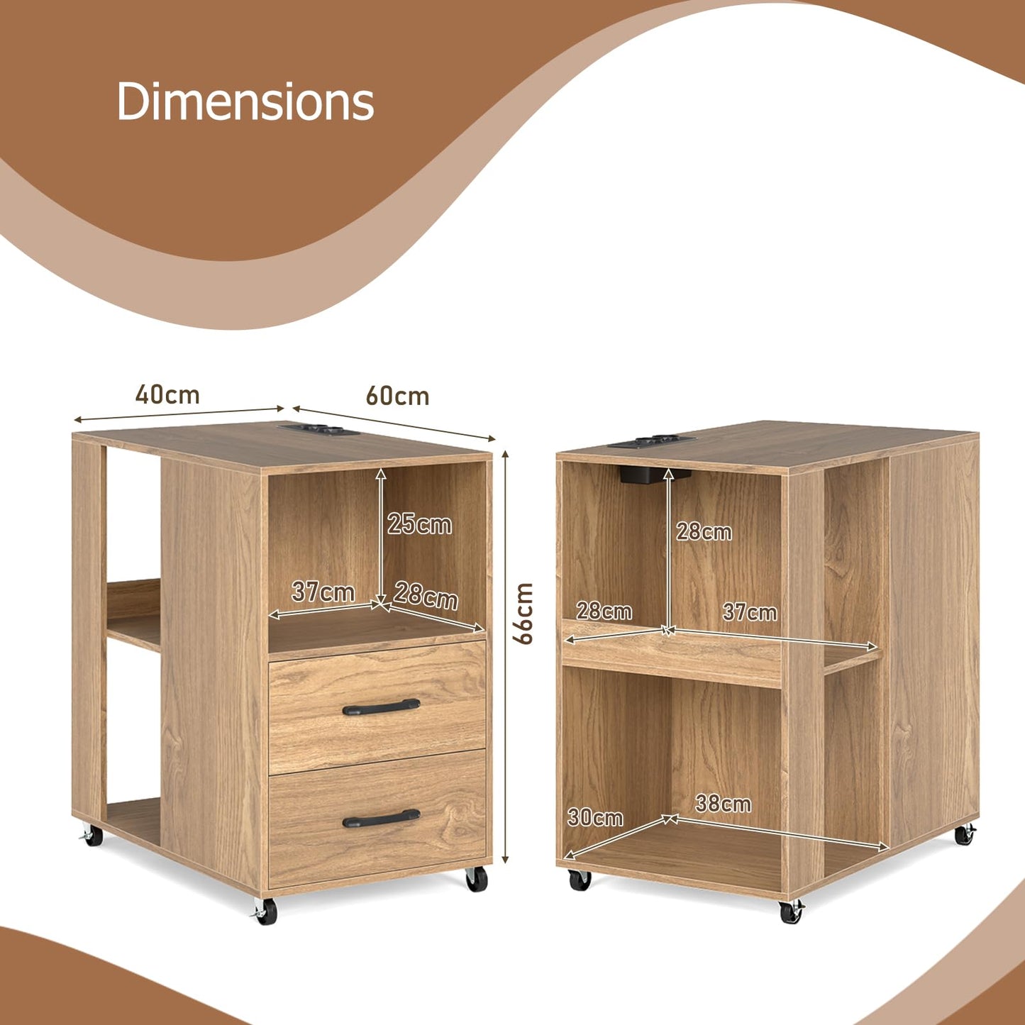 Bedside Table with Charging Station, Rolling Nightstand End Sofa Side Table