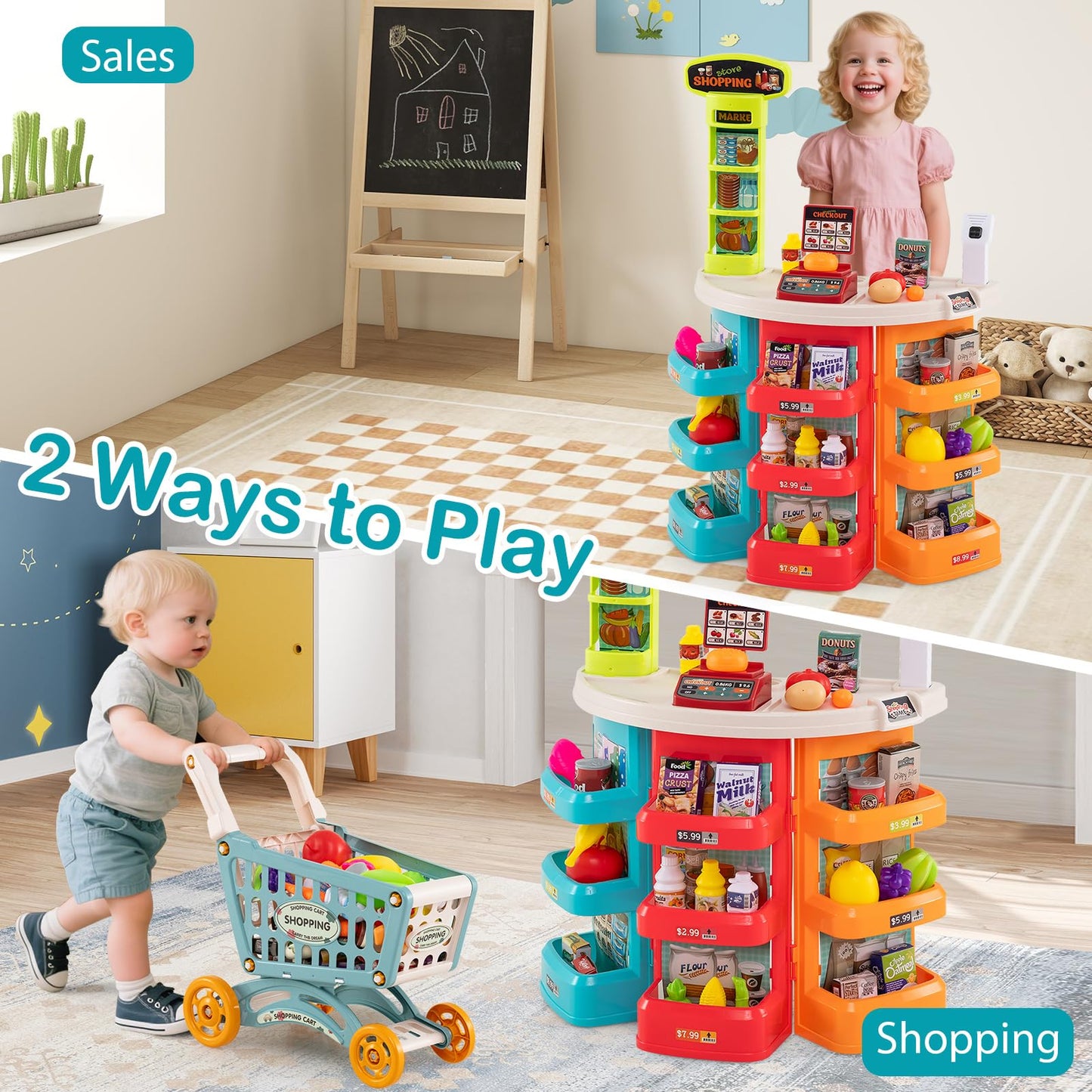 Supermarket Playset for Kids 76 Pieces Pretend Play Grocery Store Set