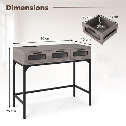 Console Table with LED Lights and Charging Station, 90cm Narrow Entryway Table with 3 Drawers
