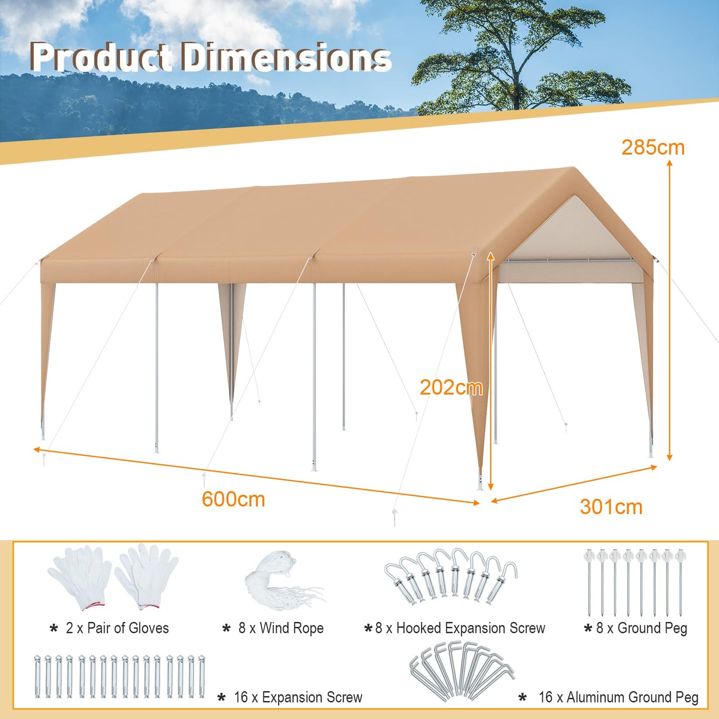 3mx6m Carport, Heavy Duty Galvanized Car Canopy with Waterproof Tear Resistance Cover