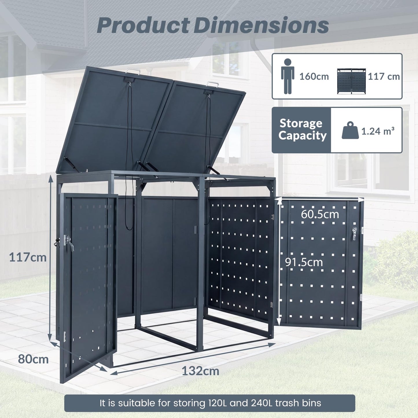 Double Wheelie Bin Storage, 240L Metal Garden Bin Hideaway with Gas Struts