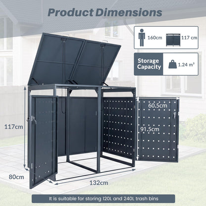 Double Wheelie Bin Storage, 240L Metal Garden Bin Hideaway with Gas Struts
