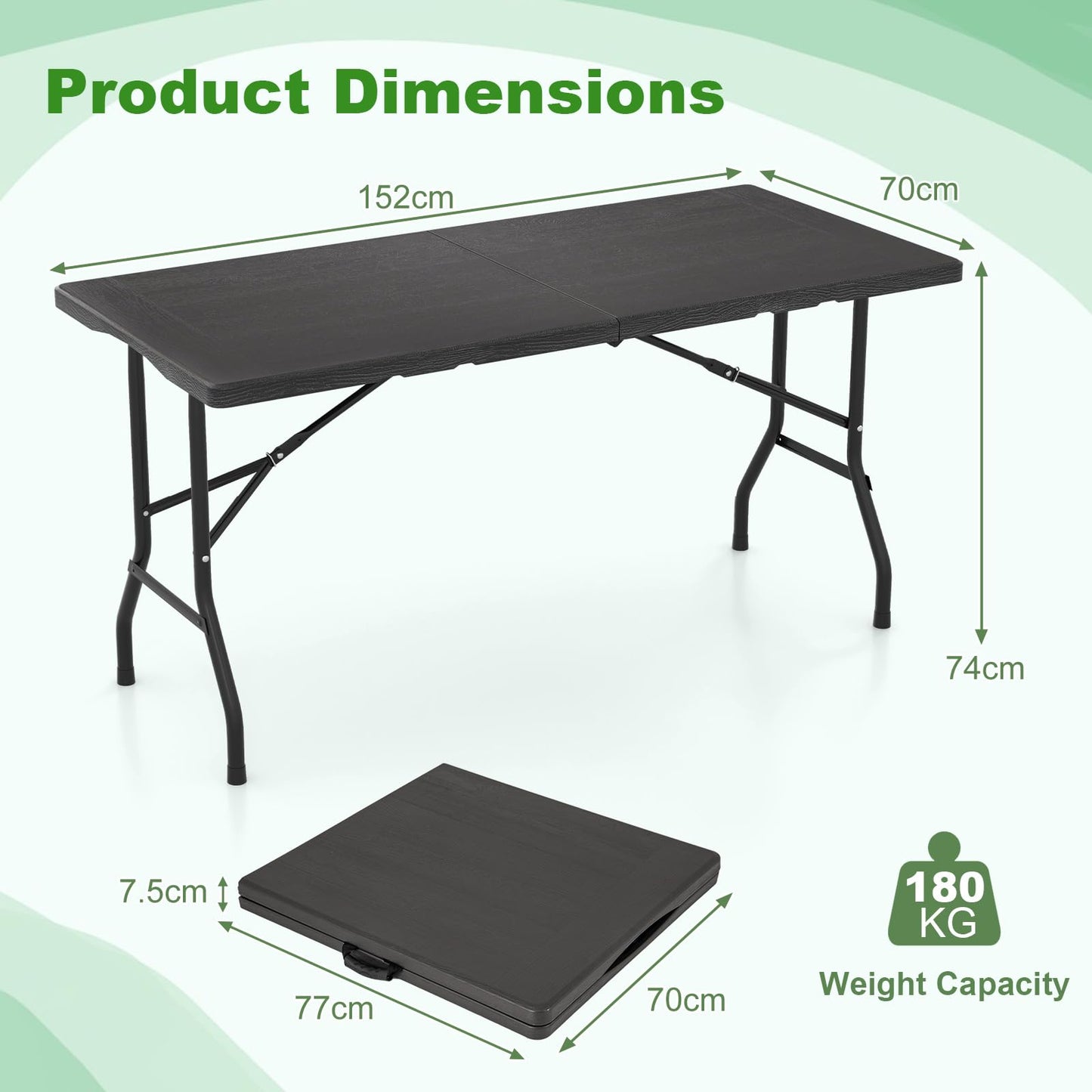 152 x 70 x 74 cm Folding Camping Table with Carrying Handle and HDPE Tabletop