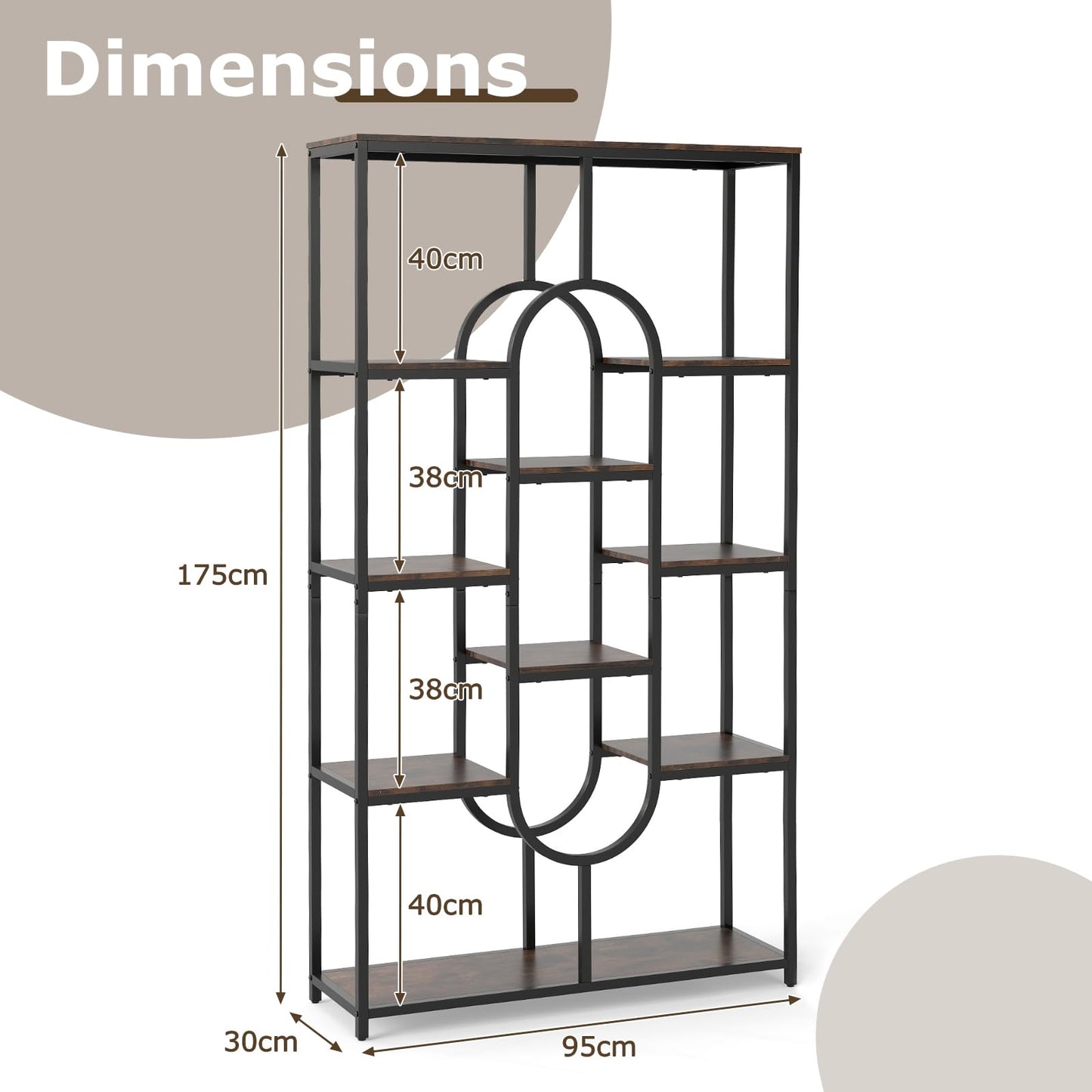 10-Tier Bookshelf, Industrial Etagere Bookcase with Open Storage Shelves