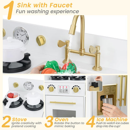Toddler Wooden Pretend Toy Kitchen Playset with Refrigerator Stove Sink