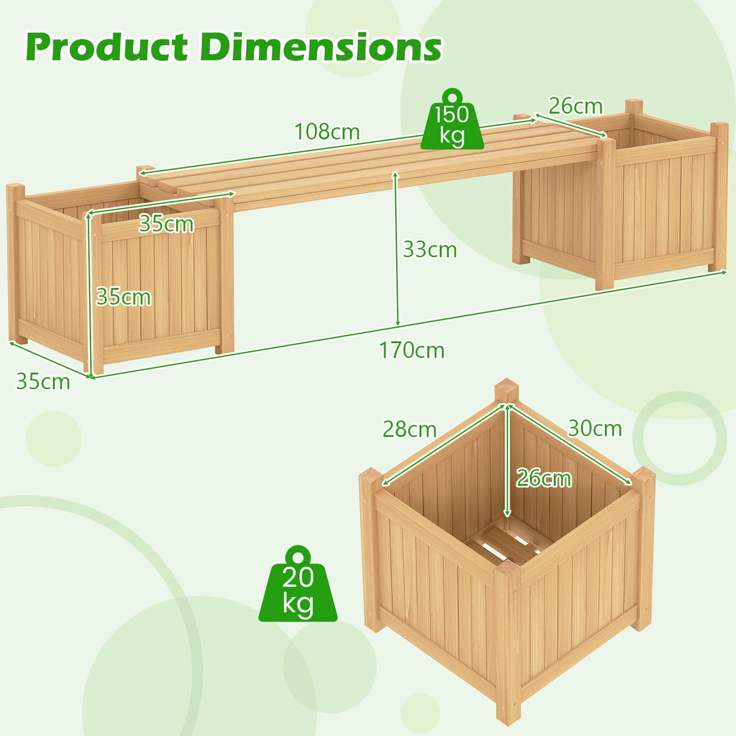 3-in-1 Wooden Planter with Bench, Raised Garden Bed with Seat and Open-ended Bottom