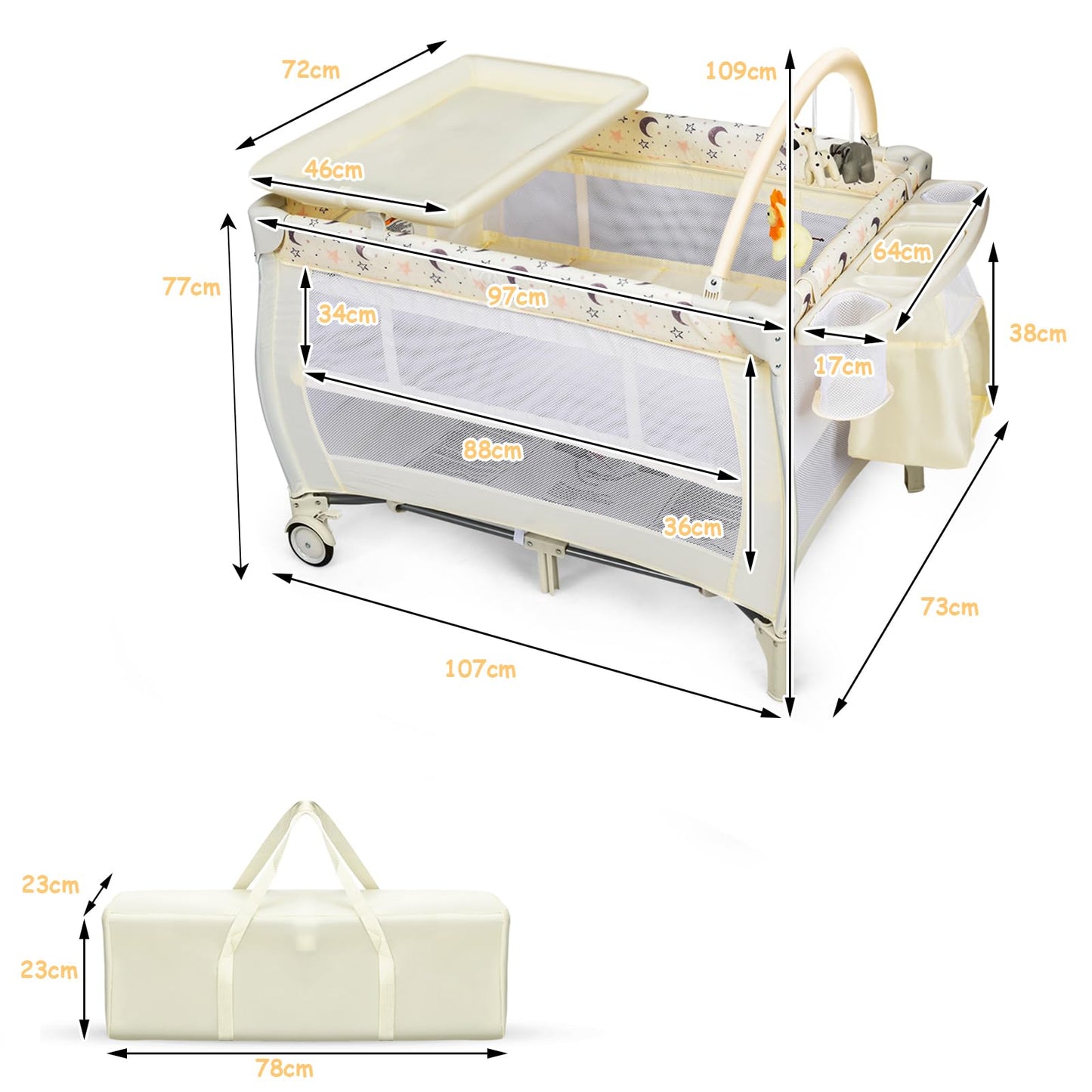 3 in 1 Convertible Bassinet Cot with Changing Table and Toy Bar