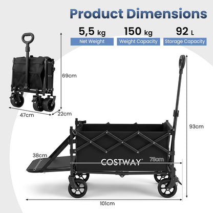63-92L Folding Trolley Cart, 150kg Load, Adjustable Handle