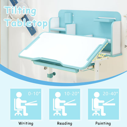 Kid's Study Desk and Chair Set with Tilt Desktop and Footrest Bar
