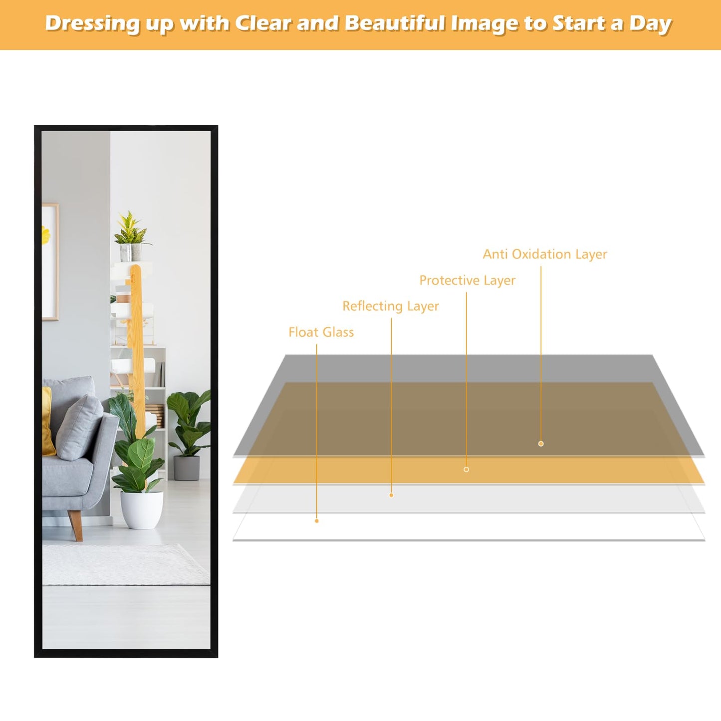 Full Length Wall-Mounted Mirror with Height Adjusting Hooks