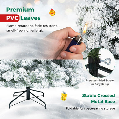 6FT Snow Flocked Christmas Tree, Pre-Lit Artificial Decoration Tree