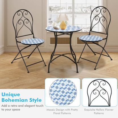 Mosaic Metal Dining Set Garden Table with 2 Folding Chairs