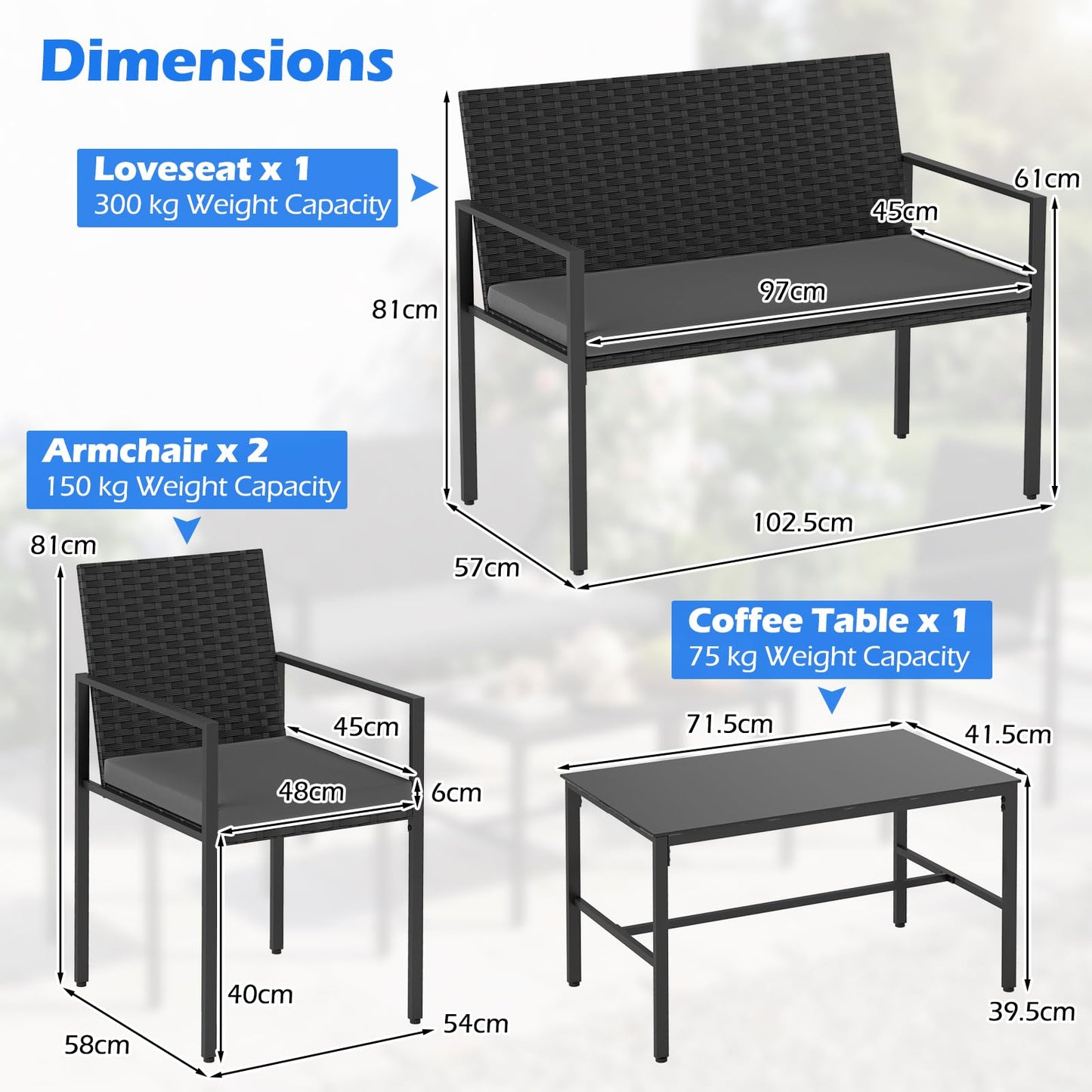 4-Piece Rattan Garden Furniture Set, Patio Conversation Set with Loveseat
