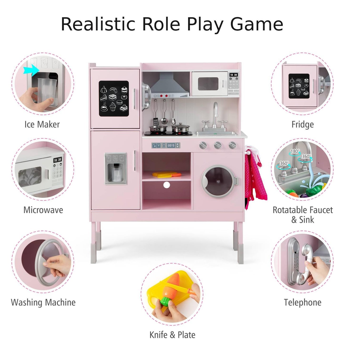 Height Adjustable Wooden Kid Play Kitchen Set with Sounds