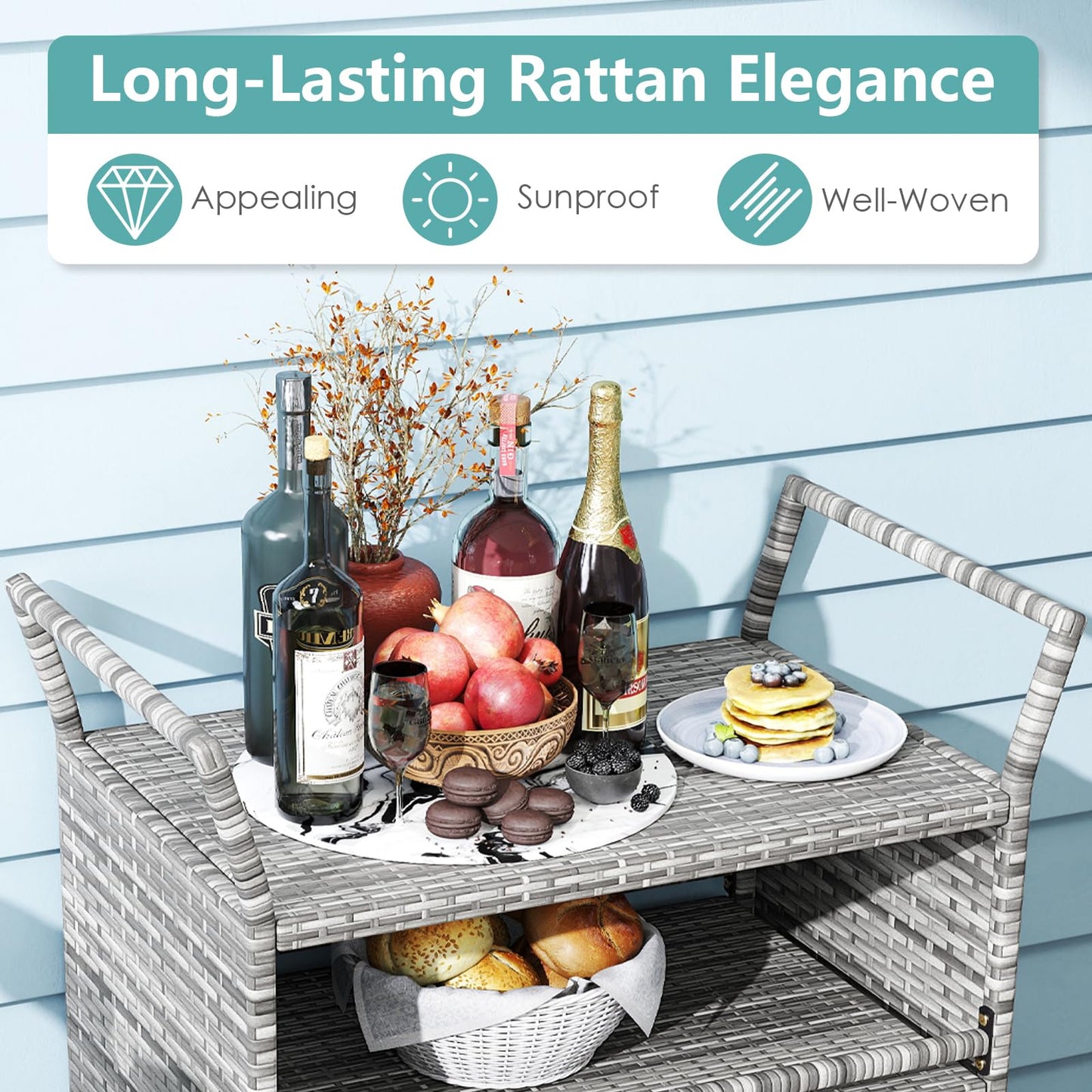 Outdoor Bar Cart 3-Tier Patio Rattan Storage Shelf Wicker Serving Table