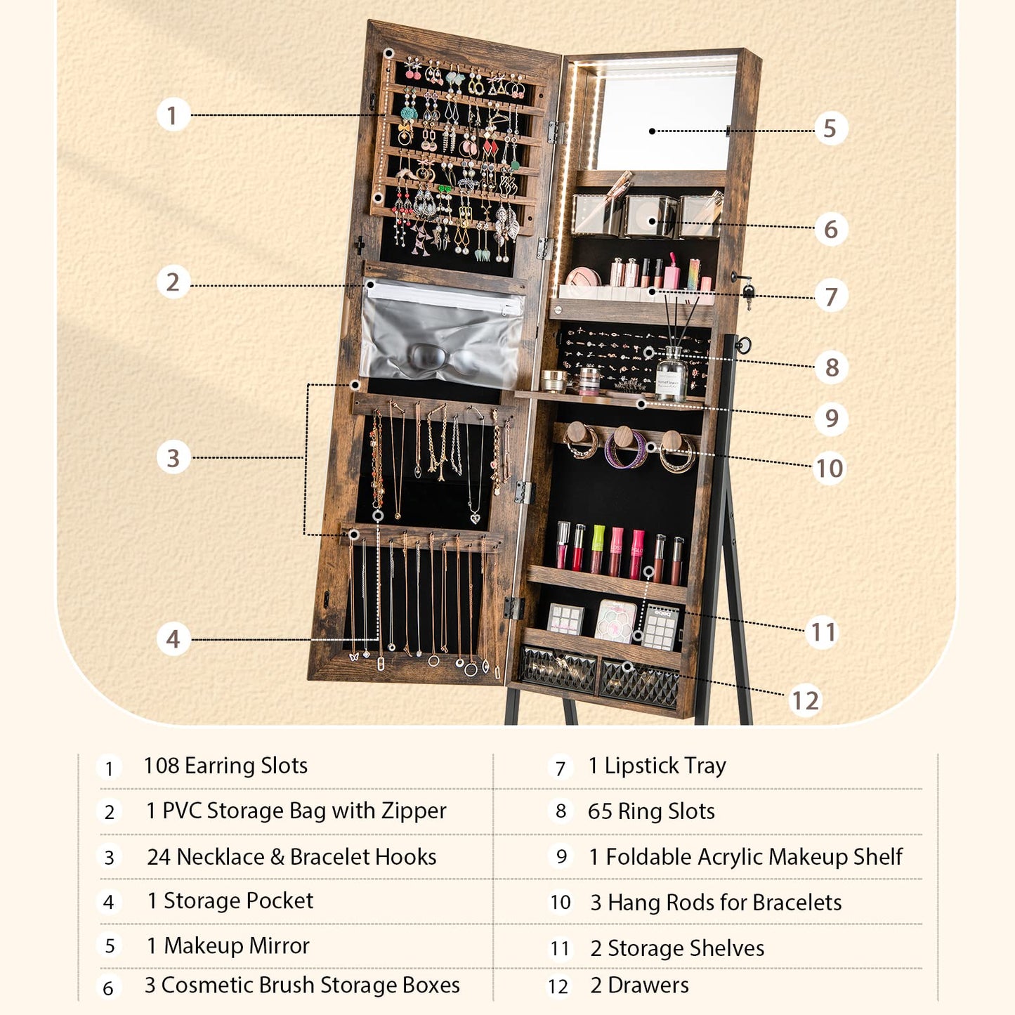 Lockable Floor Jewelry Armoire Organizer with Full Length Mirror