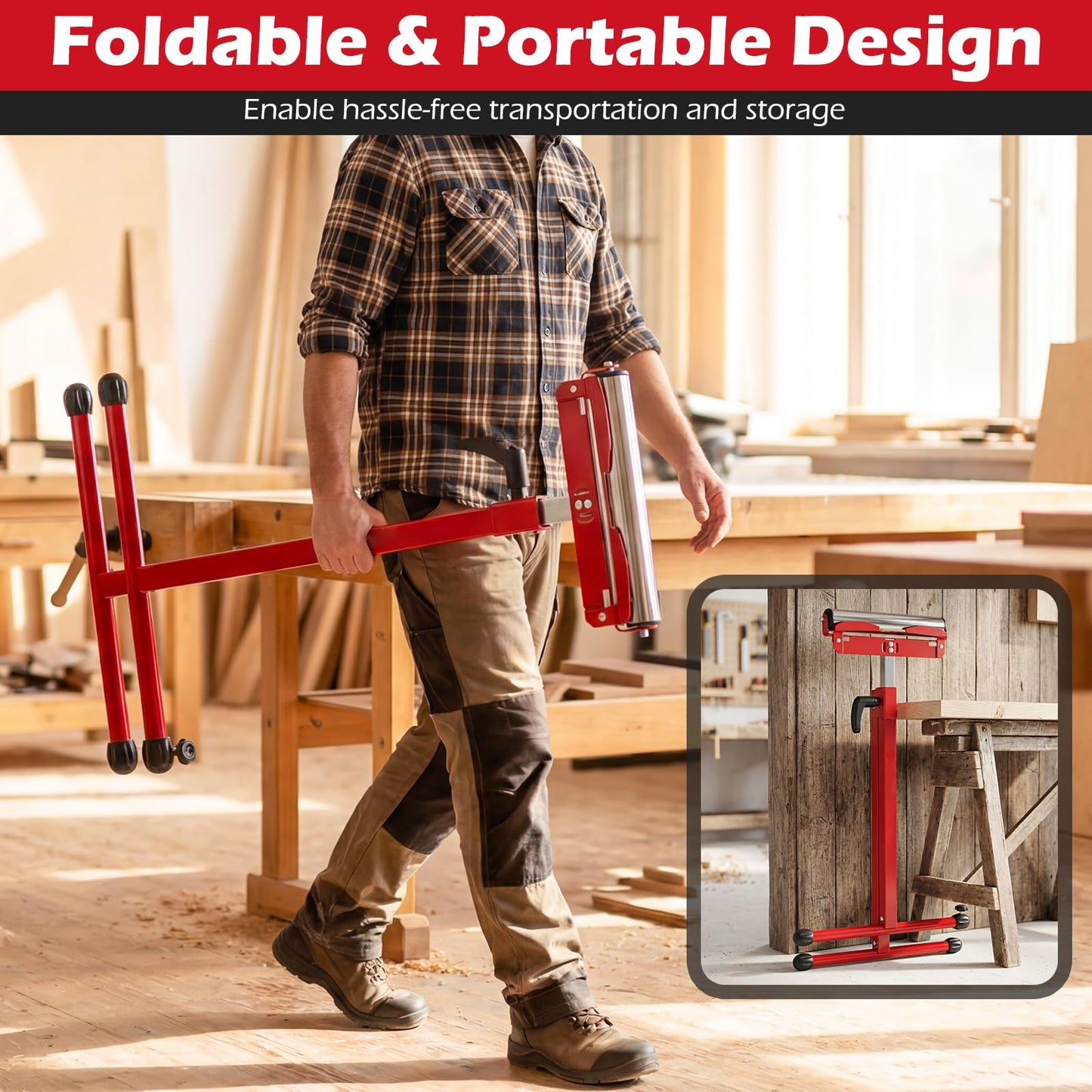 2-Pack Folding Roller Stands, 115KG Load Capacity Per Stand, 72-114cm Adjustable Height