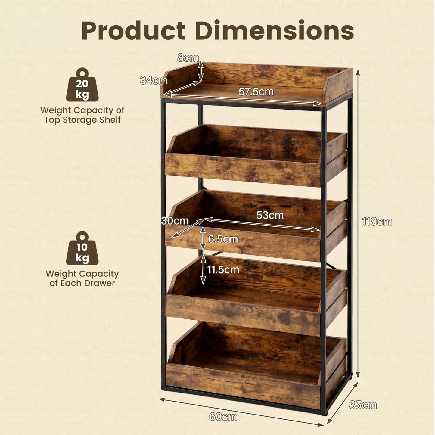 5-Tier Food Storage Rack Retail Snack Display Shelf with 4 Pull-out Drawers