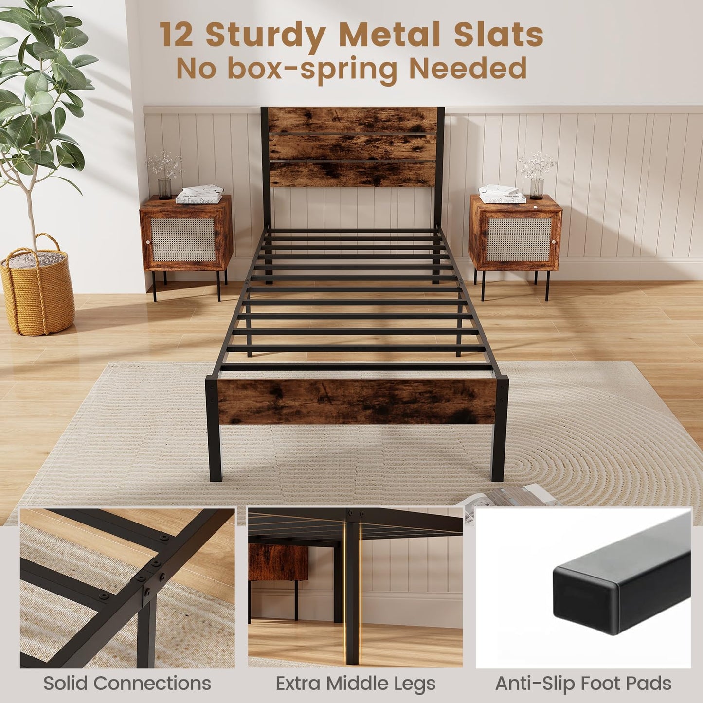 3FT Industrial Metal Platform Bed Frame with Wood Headboard & Underbed Storage