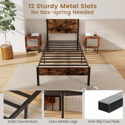 3FT Industrial Metal Platform Bed Frame with Wood Headboard & Underbed Storage