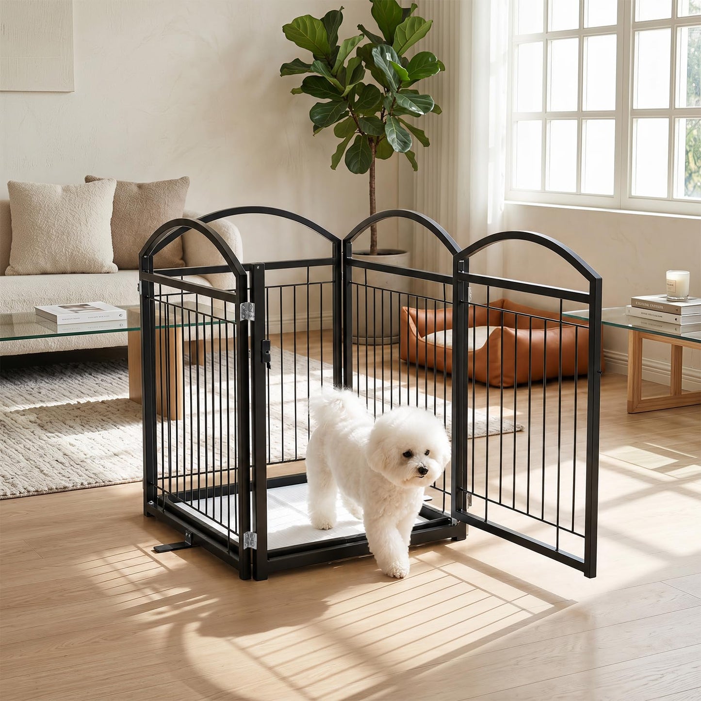 4 Panels Folding Dog Stair Gate, Freestanding Pet Playpen