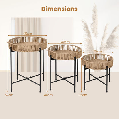 Set of 3 Round Nesting Side Tables Weaving End Tables with Metal Legs