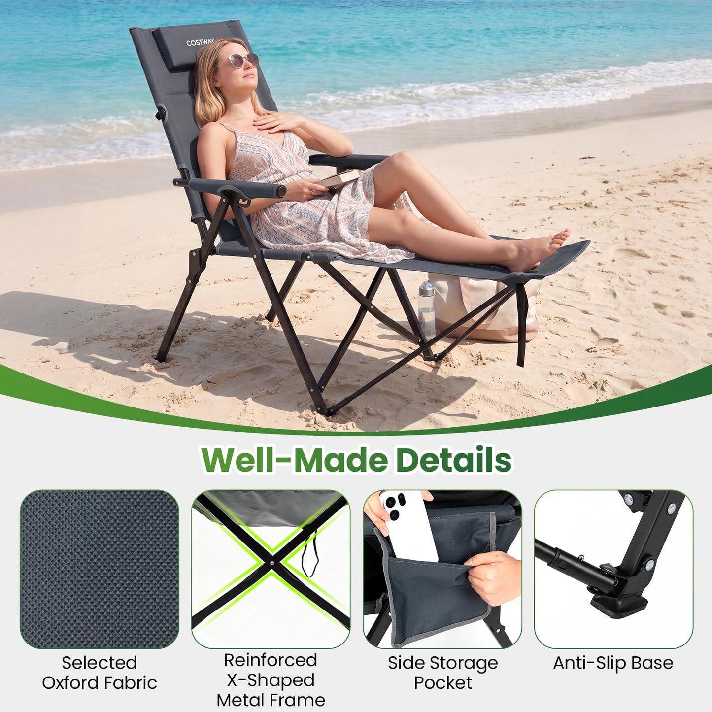 Adjustable Backrest, Storage Bag, Padded Pillow & Side Pocket