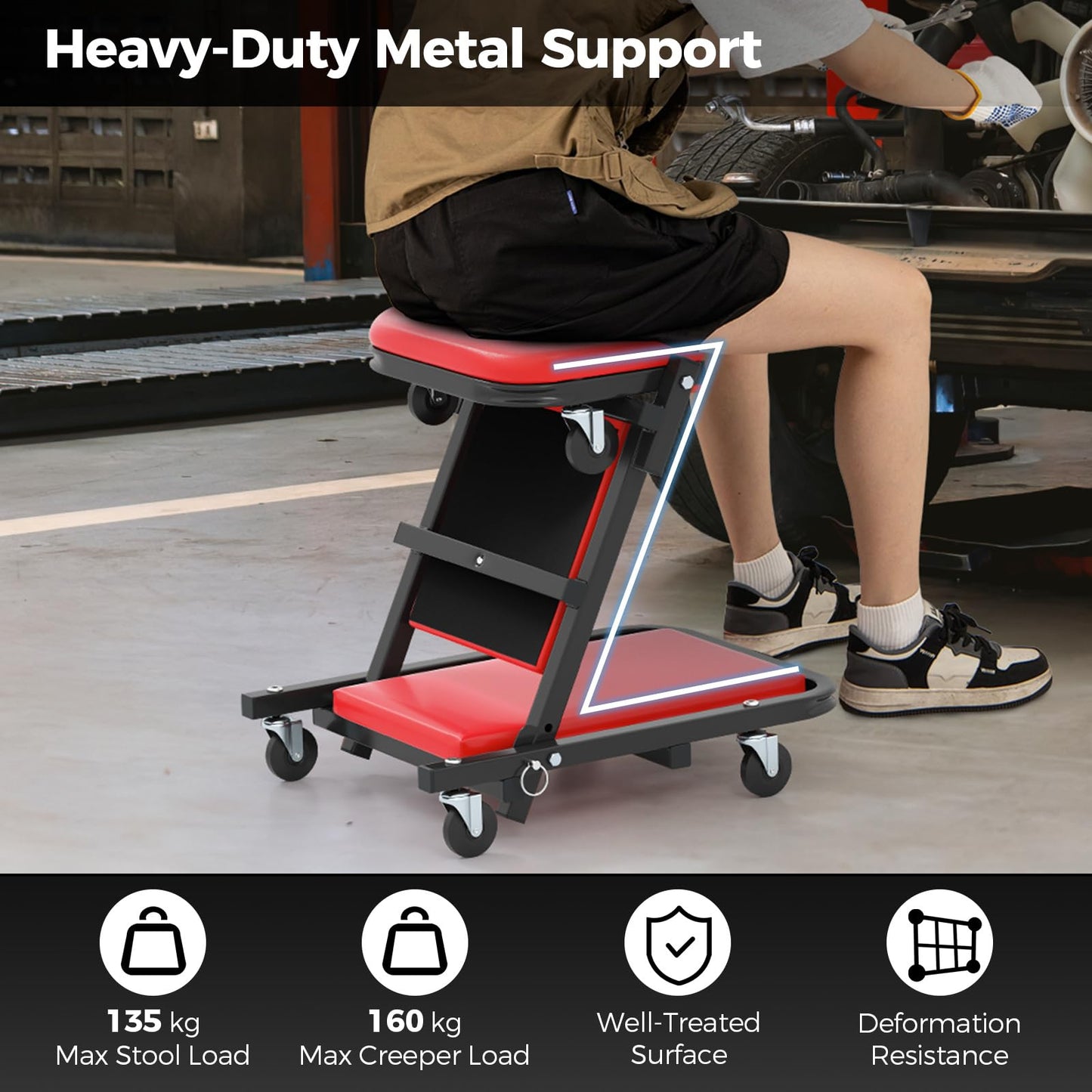 2-in-1 Folding Profile Mechanic Creeper with Padded Seat and 6 Wheels