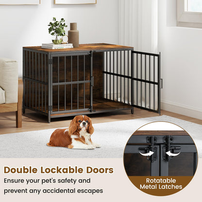 Wooden Indoor Dog Kennel with Lockable Double Doors for Small & Medium Sized Dogs