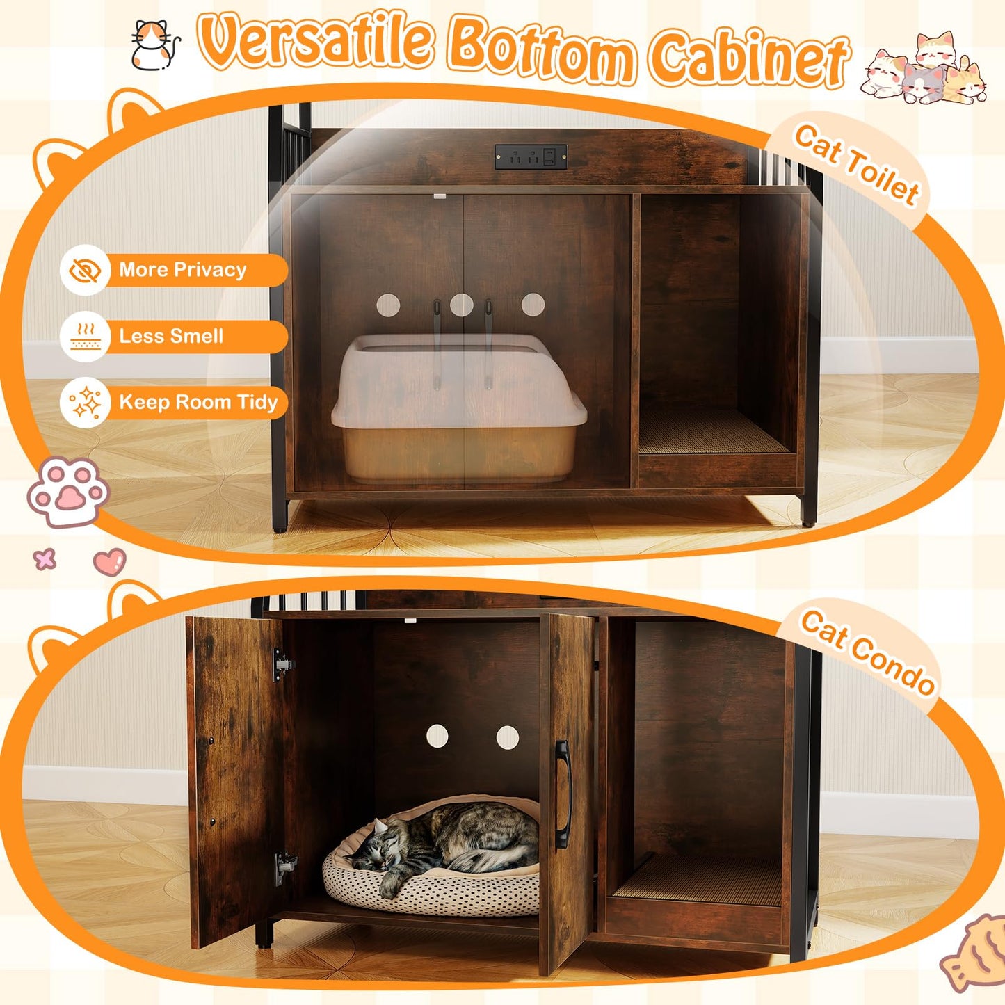 Cat Litter Box Enclosure, Hidden Cats Washroom Furniture with 3-tier Storage Shelves