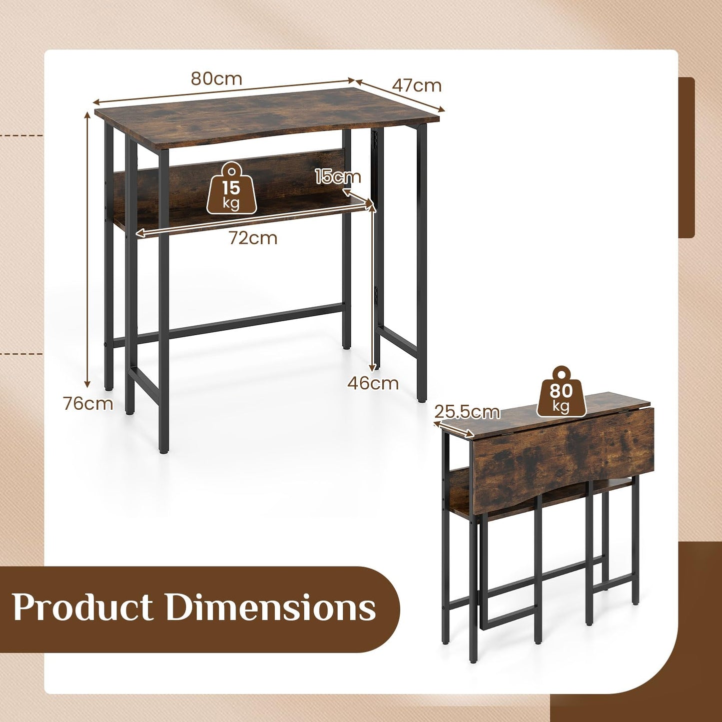 Small Folding Desk 80 CM with Storage Shelf & Drop Leaf for Home Office