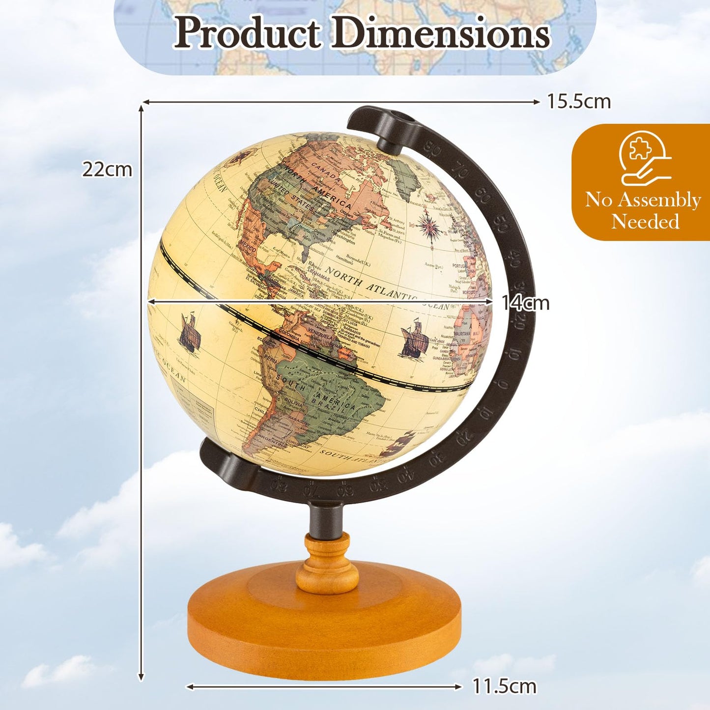 Antique Globe Dia 14cm with Wooden Base and Modern Map