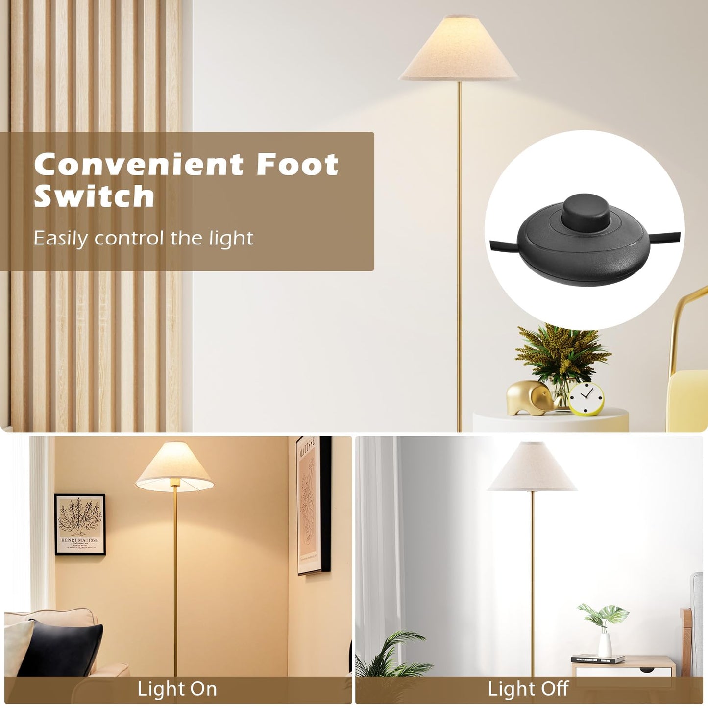 Elegant Floor Lamp with Linen Shade and Foot-Operated Switch