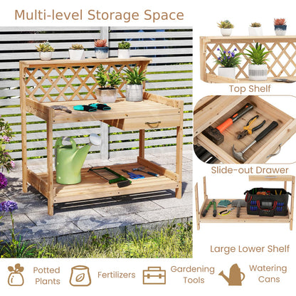 Garden Potting Bench Table with Lattice Trellis and Removable Drawer
