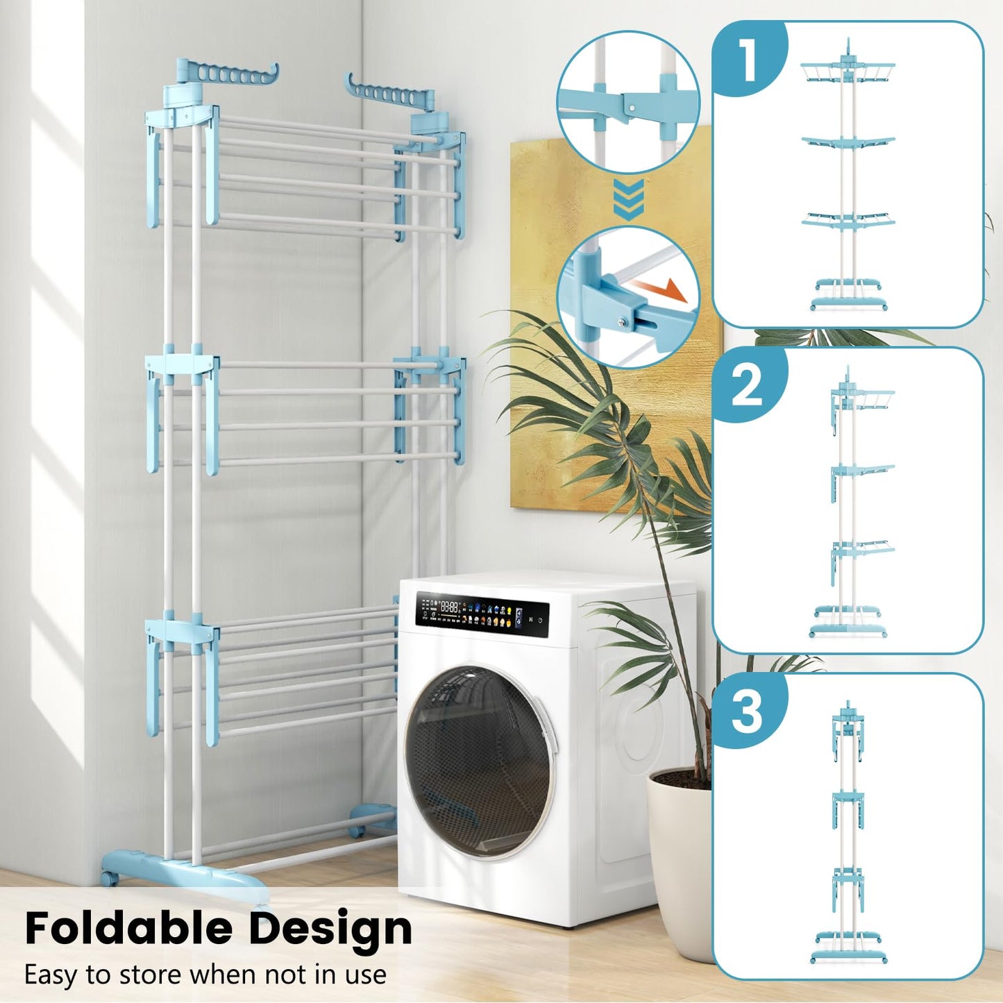 4 Tier Foldable Airer Clothes Drying Rack with Wings and Casters