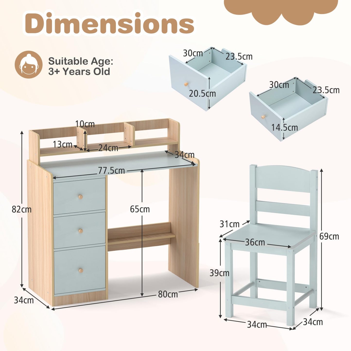 Kids Table and Chair Set, Wooden Children Desk and Chair with 3 Drawers