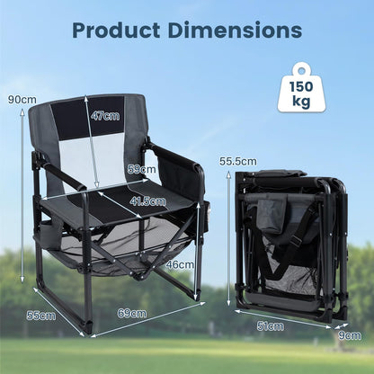 Folding Directors Chair, Oversized Camping Chairs (Black+Gray) | Cup Holder, Side Pocket, Bottle Opener
