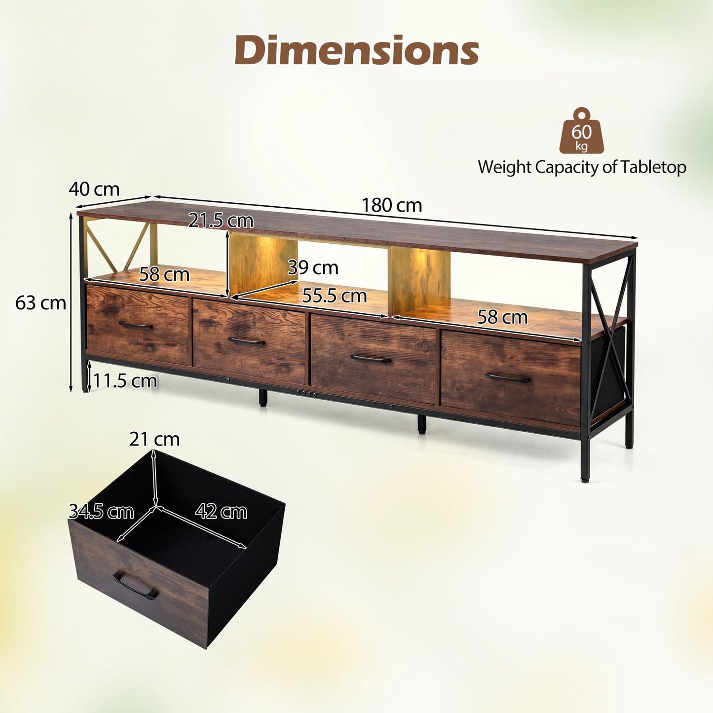 LED TV Unit for 80 Inch TVs, 180cm TV Stand Cabinet with 4 Fabric Drawers & Storage Shelves