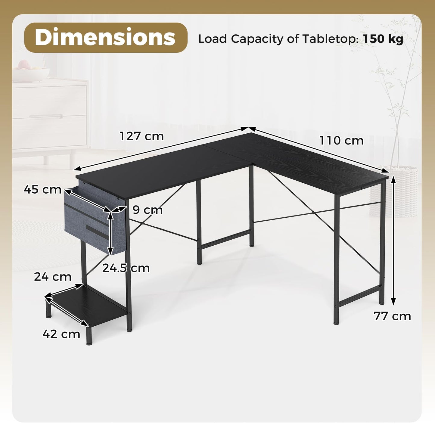 L-Shaped Computer Desk, Metal Frame Reversible Double Study Writing Workstation