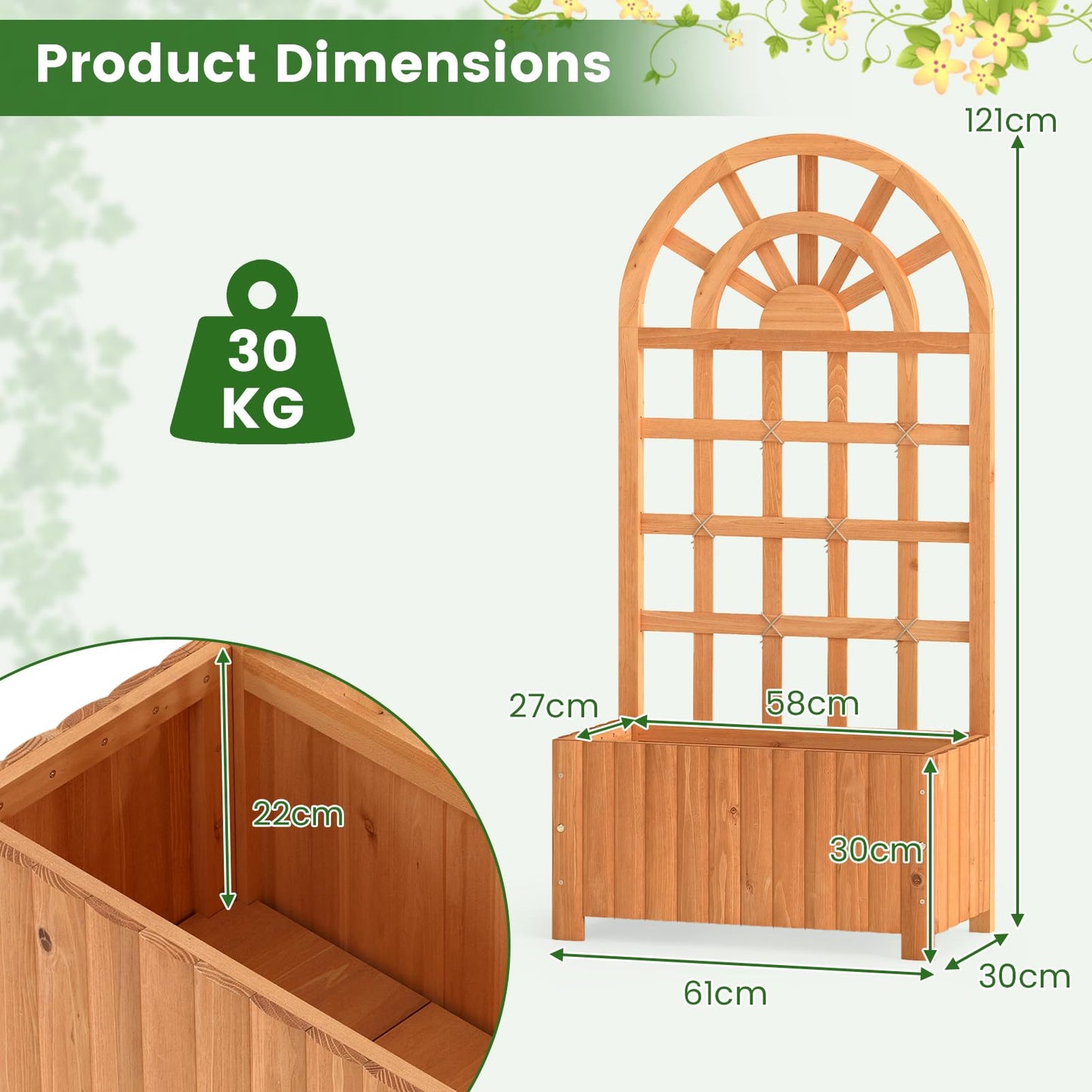Garden Planter with Trellis, Wooden Raised Bed with Drainage Holes