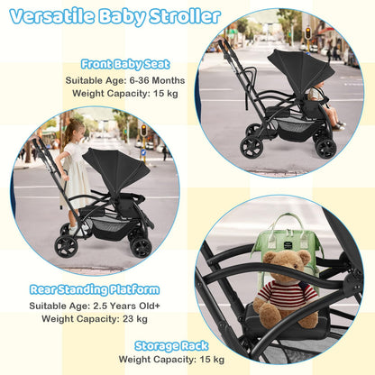 Sit and Stand Stroller, Double Baby Pushchair with Adjustable Canopy