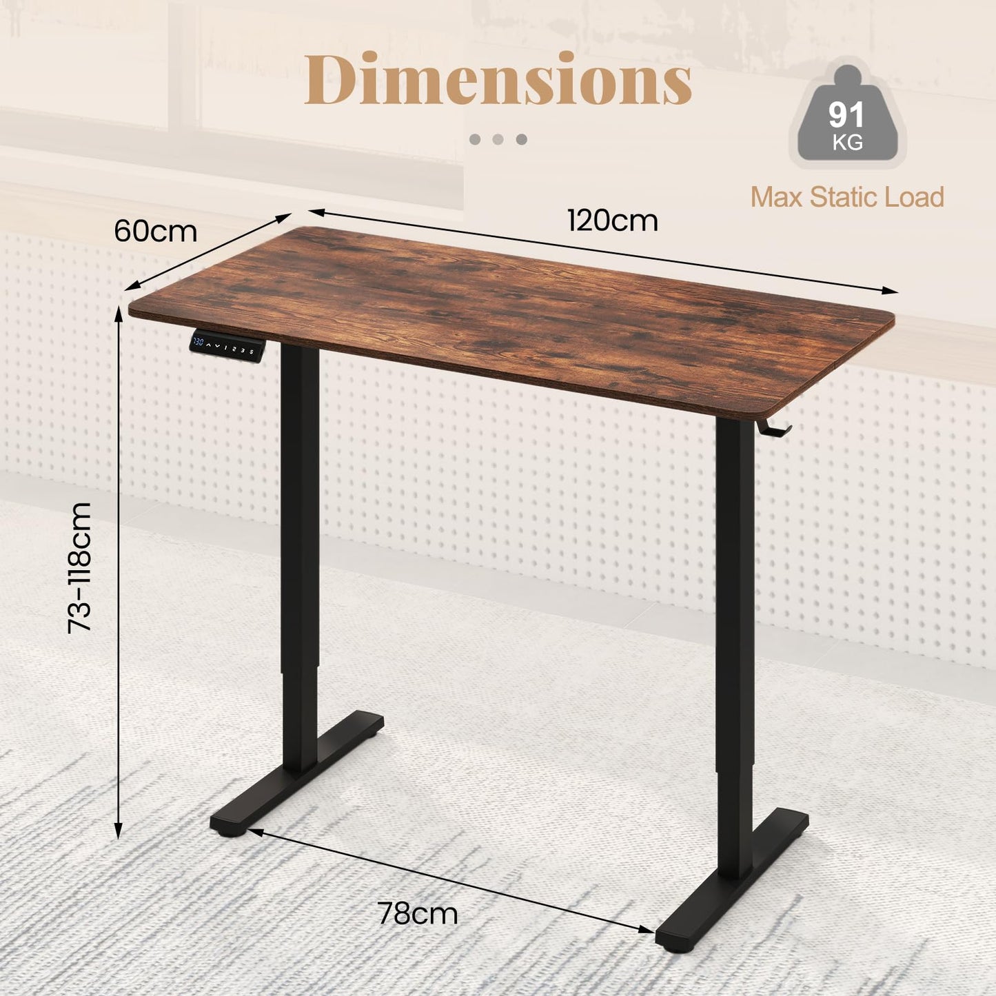 Electric Height Adjustable Standing Desk, 120 x 60cm Sit Stand Desk