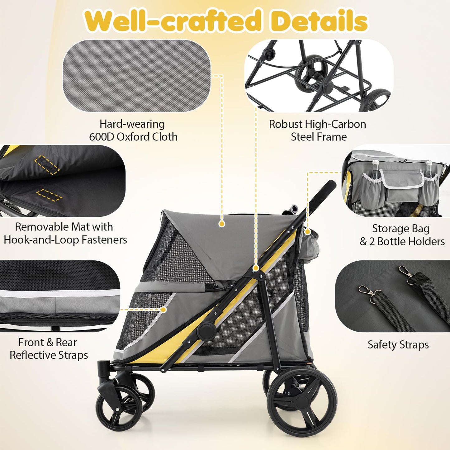 Dog Stroller for Large Dogs with One-Step Brake & Mesh Windows and Storage Bag