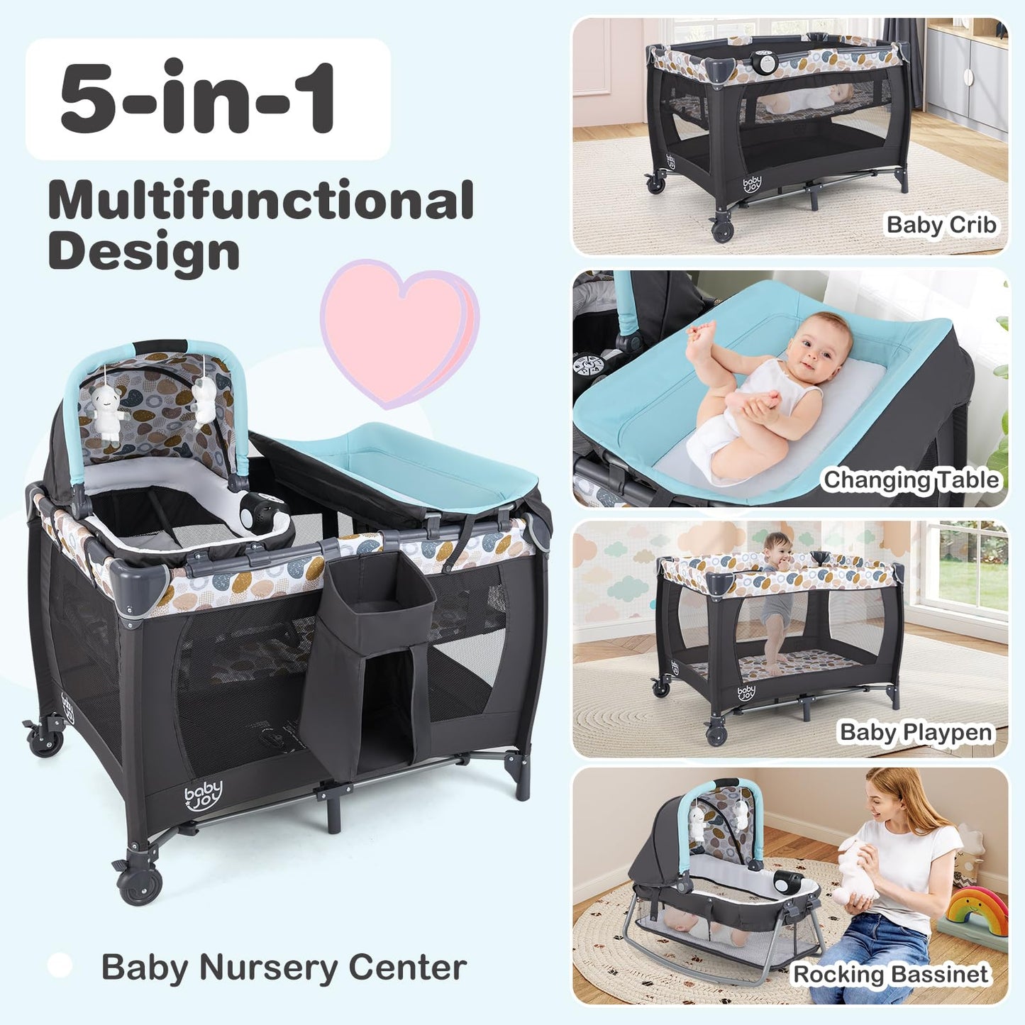 5 in 1 Travel Cot, Portable Baby Crib Bassinet with Rocking Bassinet & Diaper Changing Table