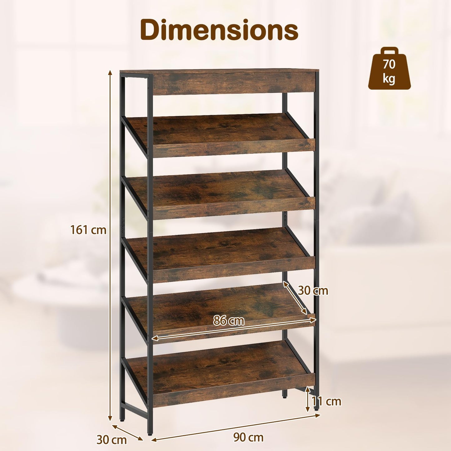 6 Tier Bookshelf, 161 cm Tall Freestanding Slant Display Shelf