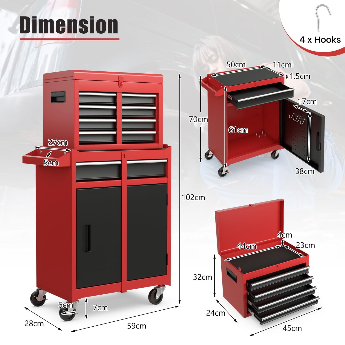2 in 1 Lockable Metal Tool Chest with Removable Top Cabinet (with Adjustable Shelf)