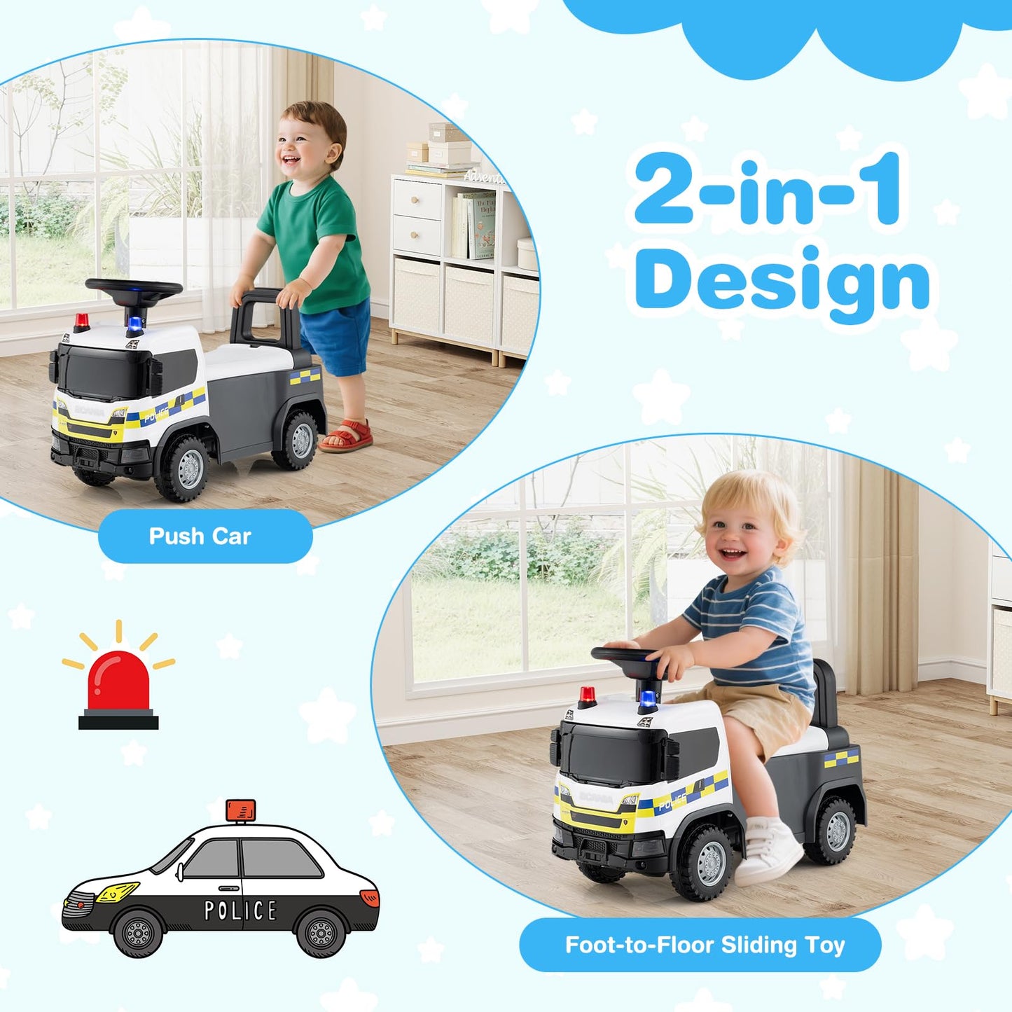 Kids Ride On Push Car with Lights and Under-seat Storage