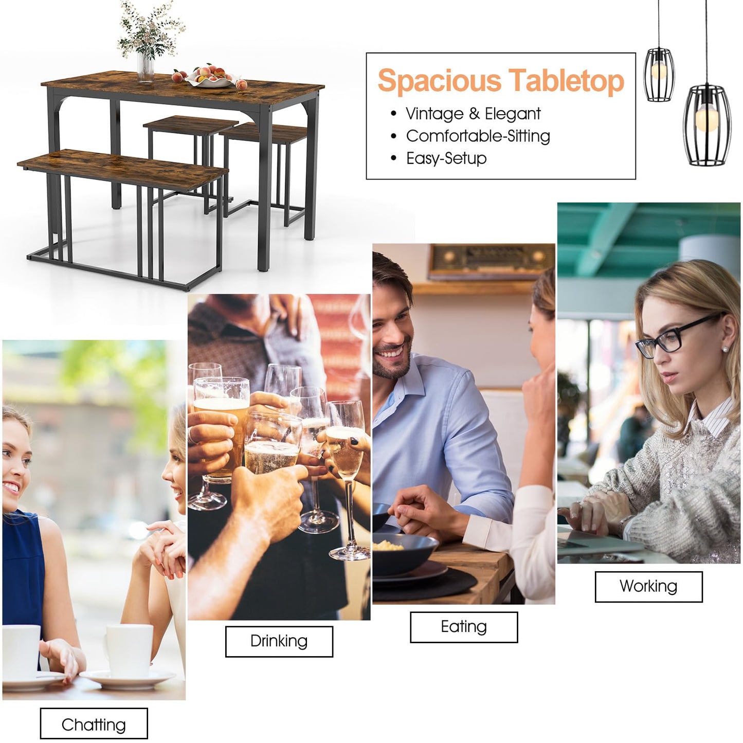 Metal Frame Dining Table and 2 Stool Set with 1 Bench
