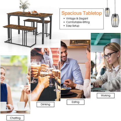 Metal Frame Dining Table and 2 Stool Set with 1 Bench